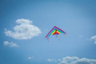 Mavi gökyüzünde uçan renkli uçurtma, alçak açı. Metin için boşluk