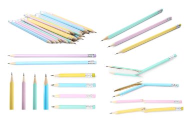 Beyaz arkaplanda birçok grafit kalem, kolaj