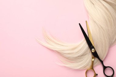 Açık pembe arka planda saç teli ve makas, üst manzara. Metin için boşluk