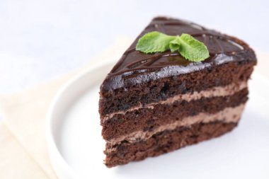 Bir parça lezzetli çikolatalı pasta. Üzerinde nane şekeri var. Yakın plan.