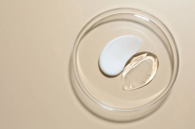 Petri kabında bej arka planda farklı kozmetik ürünleri, üst görünüm. Metin için boşluk