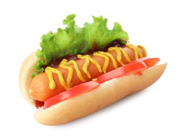 Domatesli, marullu, ketçaplı ve hardallı leziz sosisli sandviç.