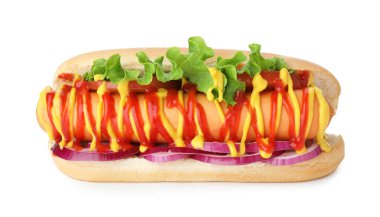 Sebzeli, hardallı ve ketçaplı leziz sosisli sandviç.