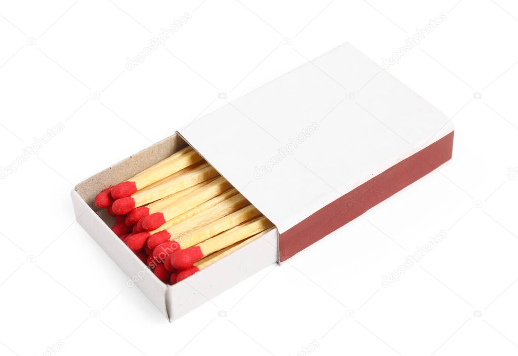 Matches in box isolated on white. Mockup for design