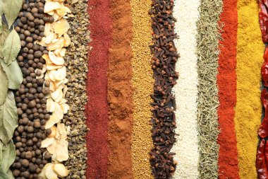 Arka plan olarak birçok farklı baharat, üst görünüm