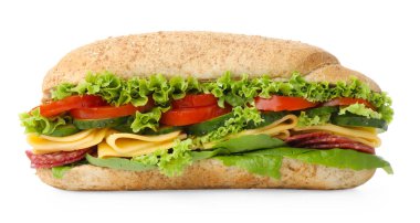 Tütsülenmiş sosisli, peynirli ve sebzeli baget sandviç.