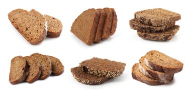 Beyaza izole edilmiş taze ekmek dilimleri, kolaj.