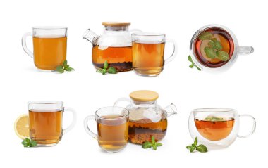 Beyaz üzerine izole edilmiş nane çayı, set. Üst ve yan görünüm