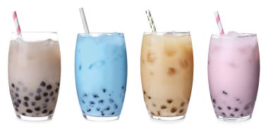 Beyaz arkaplanda farklı aromalı kabarcık çayı, set