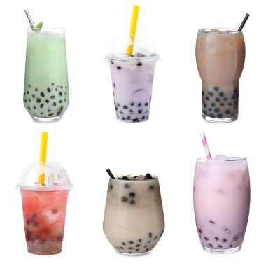 Beyaz arkaplanda farklı aromalı kabarcık çayı, set