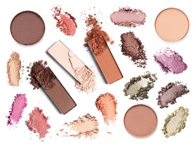 Ezilmiş göz farı ve beyaz arka planda yeni kaplar, set. Parlak palet