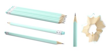 Beyaz arkaplanda birçok grafit kalem, kolaj