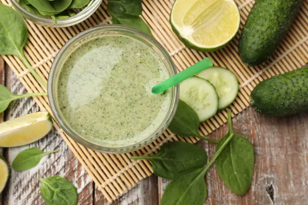 Lezzetli ıspanaklı smoothie ve ahşap masa üzerindeki malzemeler.