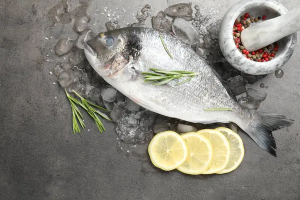 Taze çiğ dourade balığı, buz, limon dilimleri ve gri masada biberiye, düz. Organik deniz ürünleri