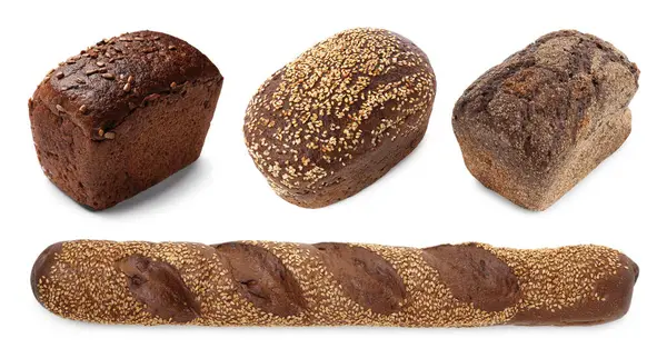Beyaz arka planda farklı taze ekmek türleri, kolaj