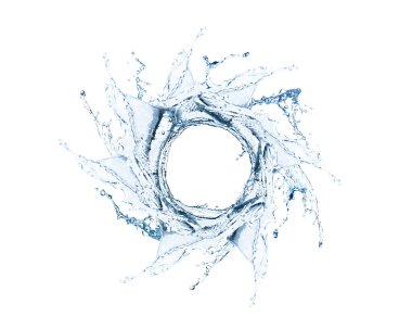 Temiz su, beyaz arka planda havada dönüyor.