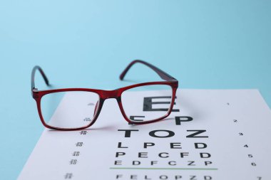 Açık mavi arkaplanda gözlük ve görüş testi grafiği, yakın plan