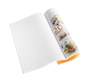 Açık dergi beyazdan izole edilmiş, manzaranın üstünde. Tasarım için model