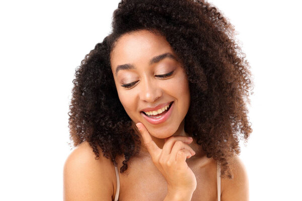 Portrait of beautiful Brazilian woman on white background