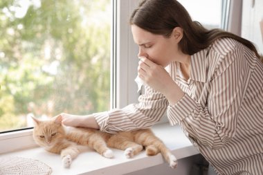 Evinin penceresinin yanında kedisine alerjisi olan bir kadın.