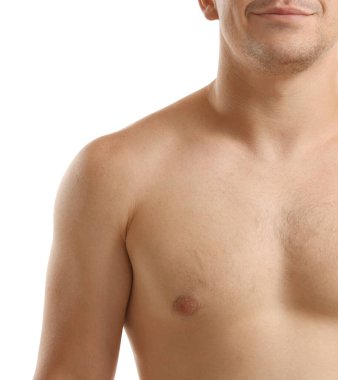 Beyaz arkaplanda duran adam, yakın plan görünümü