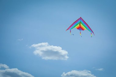 Mavi gökyüzünde uçan renkli uçurtma, alçak açı. Metin için boşluk