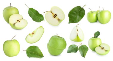 Taze yeşil elma meyveleri ve beyaz yapraklar, kolaj