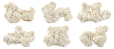 Beyaz arka planda taze çiğ karnabahar, kolaj