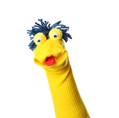 Beyaz saçlı, komik çorap kuklası.