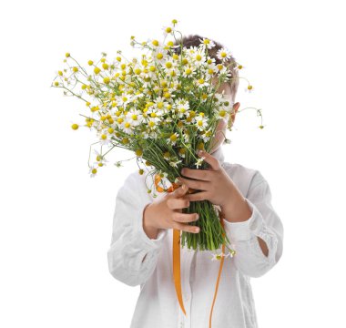 Beyaz arka planda güzel papatya çiçeklerinin arkasına saklanan küçük çocuk.