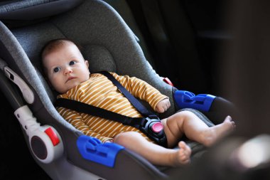 Bebek koltuğuna bağlanmış şirin bir bebek.