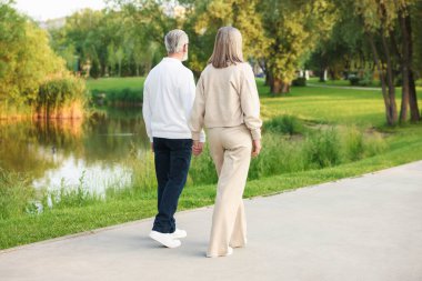 Parkta göl kenarında birlikte yürüyen sevimli yaşlı çift.