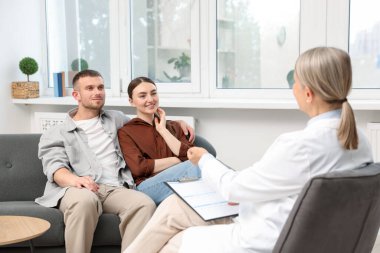 Tüp bebek (tüp bebek). Çift, üreme kliniğinde doktorla görüşüyor.