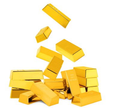 Beyaz arkaplanda bir sürü parlak altın külçeler