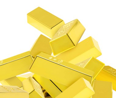 Beyaz arkaplanda bir sürü parlak altın külçeler