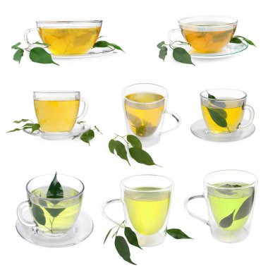 Farklı bardaklarda yeşil çay. Beyazda izole edilmiş.