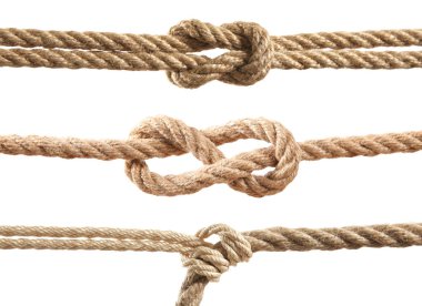 Farklı düğümlere sahip halatlar beyaz üzerine izole edilmiş, set