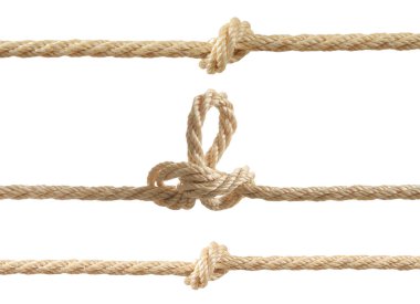 Farklı düğümlere sahip halatlar beyaz üzerine izole edilmiş, set