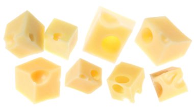 Beyaz arka planda taze peynir küpleri, kolaj