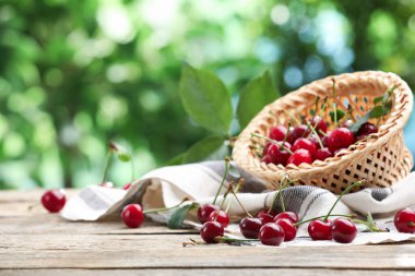 Taze kiraz ve hasır sepet ahşap masada bulanık yeşil arka planda, yakın plan. Metin için boşluk