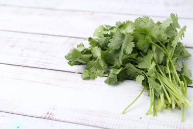 Beyaz ahşap masada taze aromatik kişniş, yakın plan. Metin için boşluk