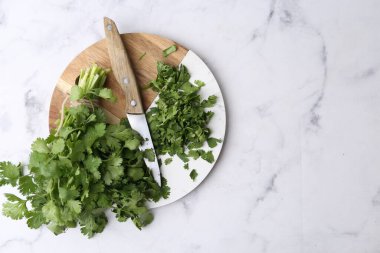 Taze yeşil kişniş ve bıçak beyaz mermer masada, üst tarafta. Metin için boşluk