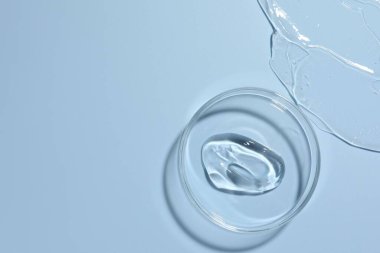 Petri kabında açık mavi arka planda kozmetik ürünü, üst görünüm. Metin için boşluk