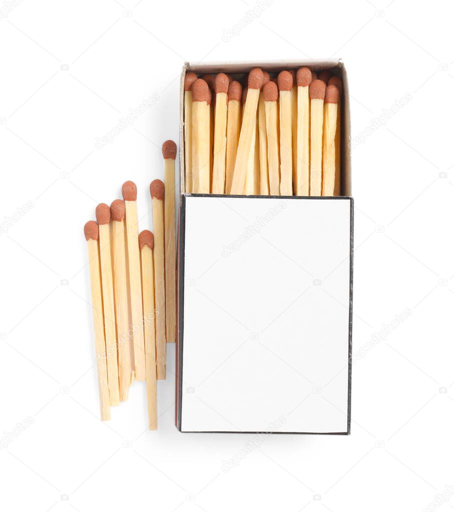 Matches and box isolated on white, top view. Mockup for design