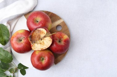 Şımarık elma ve iyi elmalar beyaz masada, düz yerde. Metin için boşluk