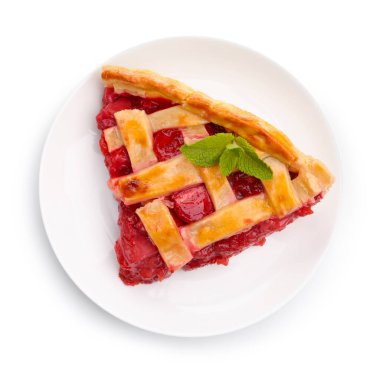 Lezzetli çilekli turta, beyaza izole edilmiş, üstten.