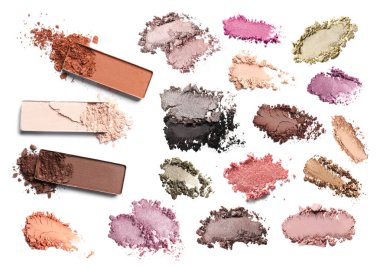 Ezilmiş göz farı ve beyaz arka planda yeni kaplar, set. Parlak palet