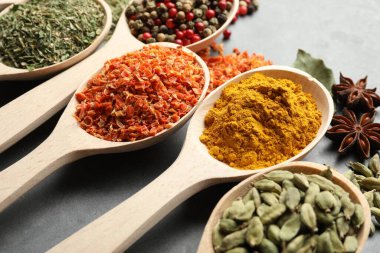 Gri masadaki kaşıklardaki farklı baharatlar, yakın plan.