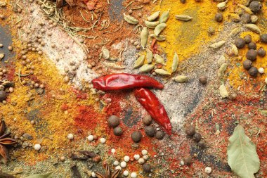 Gri masada farklı aromatik baharatlar, üst görünüm.