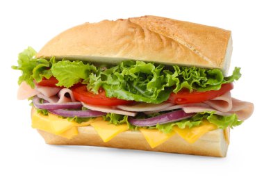 Jambonlu, peynirli ve sebzeli baget sandviç.